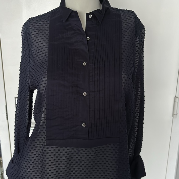 J. Crew Navy Pleated Swiss Dot Tuxedo Sheer Blouse - Picture 2 of 9